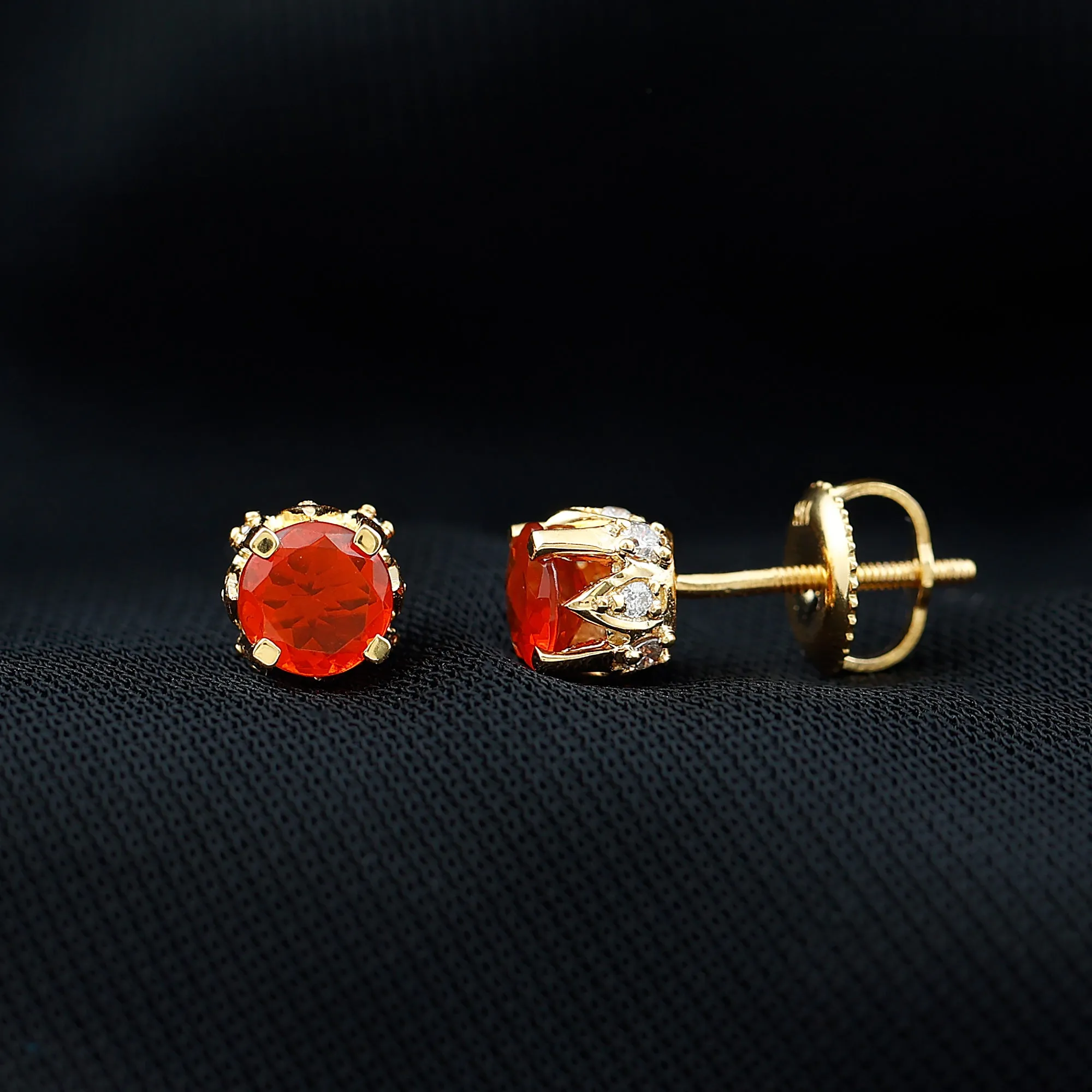 Solitaire Fire Opal Stud Earrings with Diamond Accent