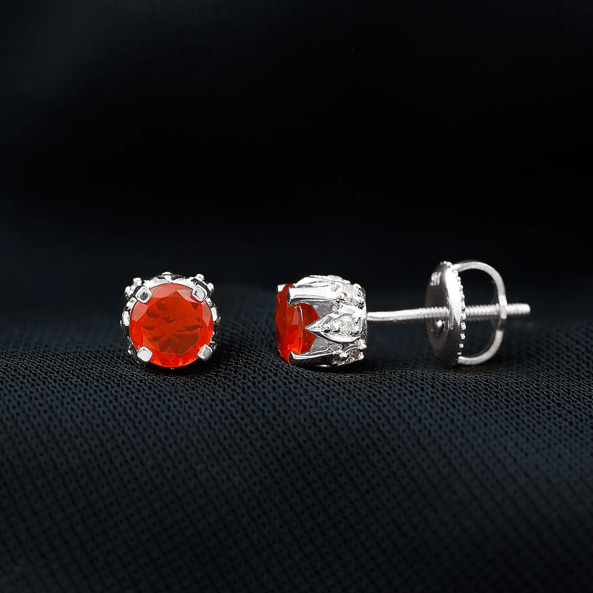 Solitaire Fire Opal Stud Earrings with Diamond Accent