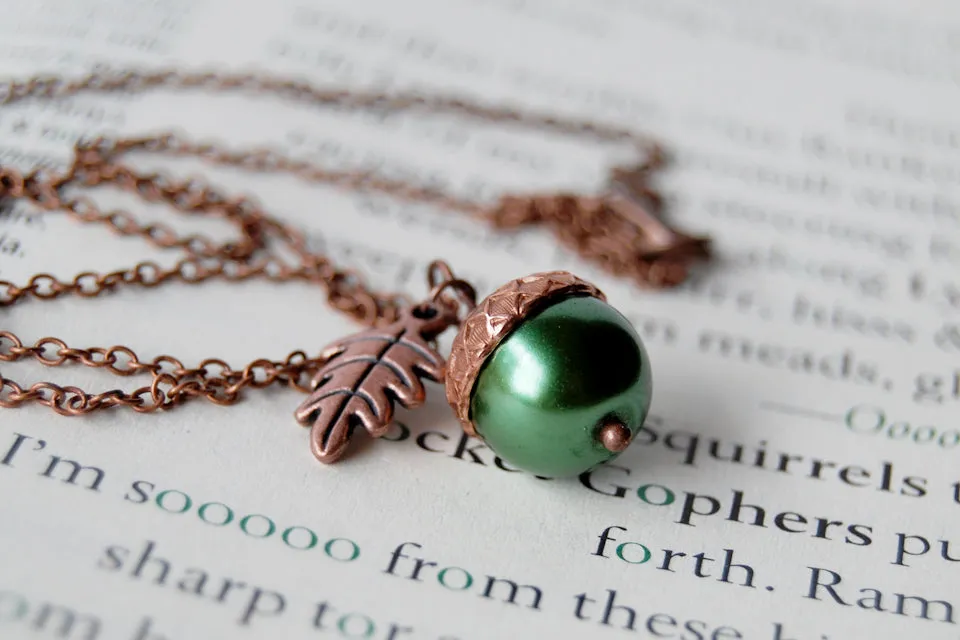 Spring and Copper Pearl Acorn Necklace | Cute Nature Acorn Charm Necklace | Fall Acorn Necklace | Woodland Pearl Acorn | Nature Jewelry