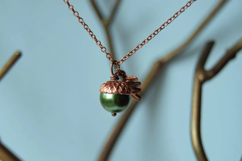 Spring and Copper Pearl Acorn Necklace | Cute Nature Acorn Charm Necklace | Fall Acorn Necklace | Woodland Pearl Acorn | Nature Jewelry