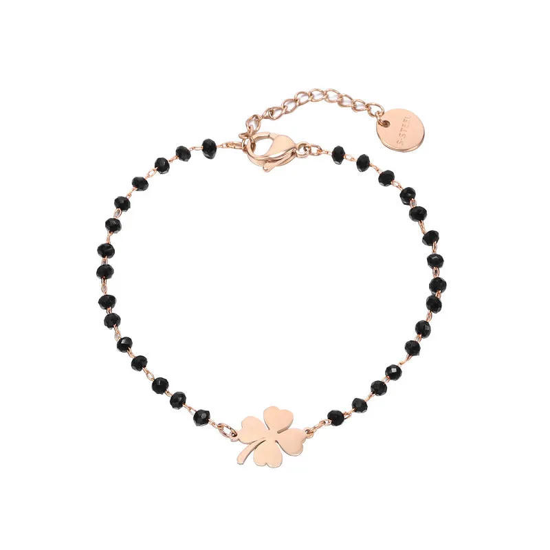 Stainless Steel Four Leaf Clover Black Crystal Bracelet