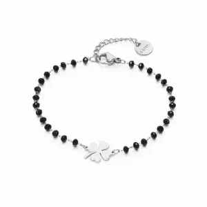 Stainless Steel Four Leaf Clover Black Crystal Bracelet