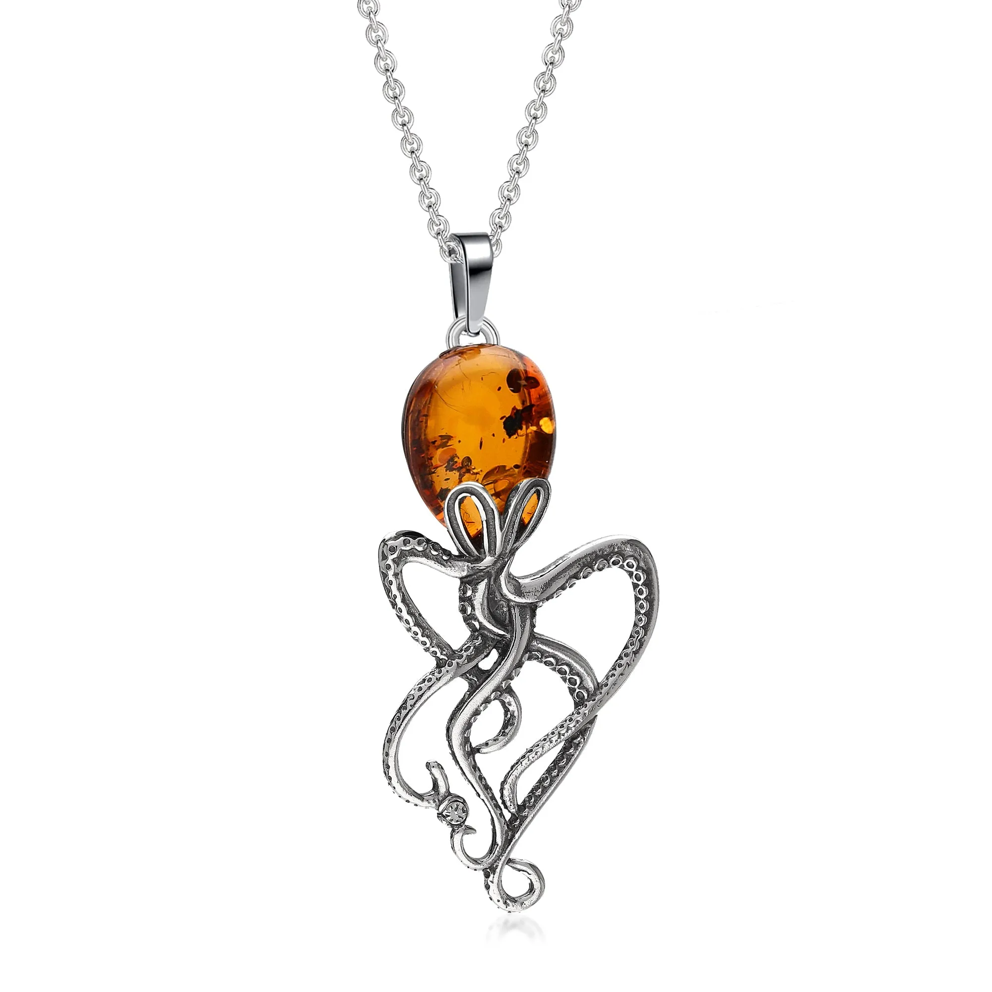 Sterling Silver Amber CZ Larger Octopus Pendant