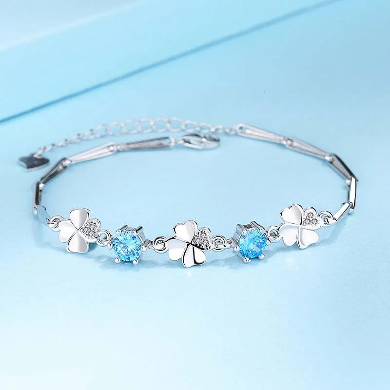 Sterling Silver Bracelet for Women with Rhodium-plated CZ Four Leaf Clover Pendant