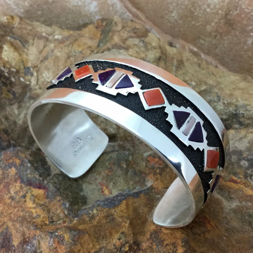 Sterling Silver Bracelet w/ Red Coral, Sugilite & Shell by Philbert Begay