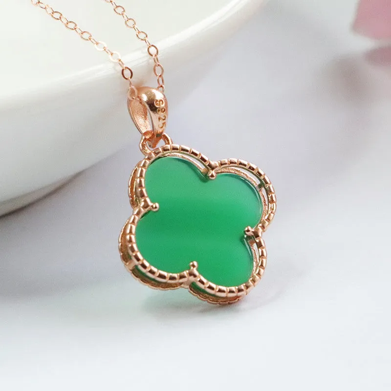 Sterling Silver Four-Leaf Clover Necklace with Natural Green Chalcedony