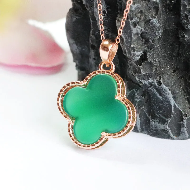 Sterling Silver Four-Leaf Clover Necklace with Natural Green Chalcedony