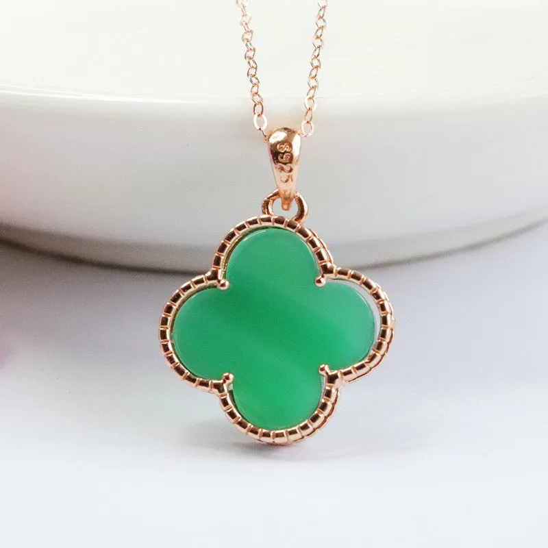 Sterling Silver Four-Leaf Clover Necklace with Natural Green Chalcedony