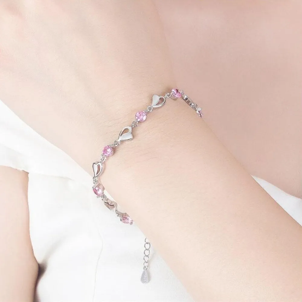 Sterling Silver Retro Coloured Heart Shaped Cubic Zirconia Bracelet