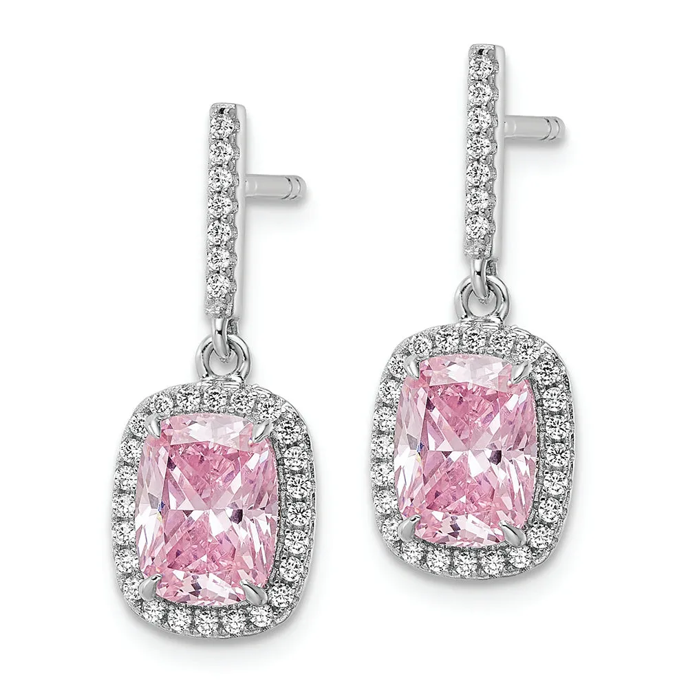 Sterling Silver Rhodium-plated Pink & White CZ Dangle Post Earrings