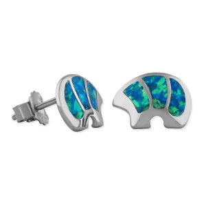 Sterling Silver Synthetic Blue Opal Bear Stud Earrings