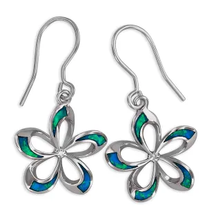 Sterling Silver Synthetic Blue Opal Open Plumeria Dangle Earrings