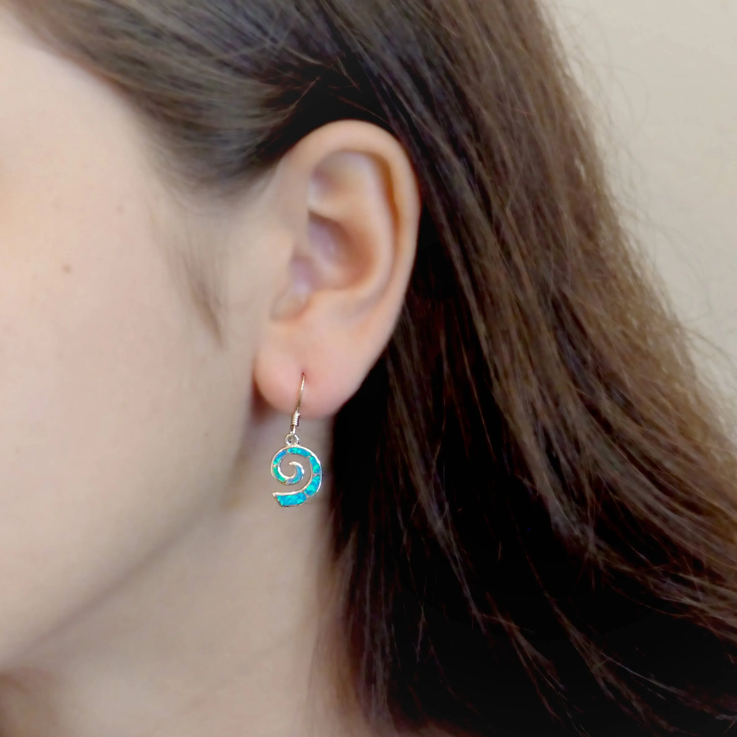 Sterling Silver Synthetic Blue Opal Spiral Wave Dangle Earrings