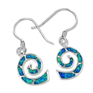 Sterling Silver Synthetic Blue Opal Spiral Wave Dangle Earrings