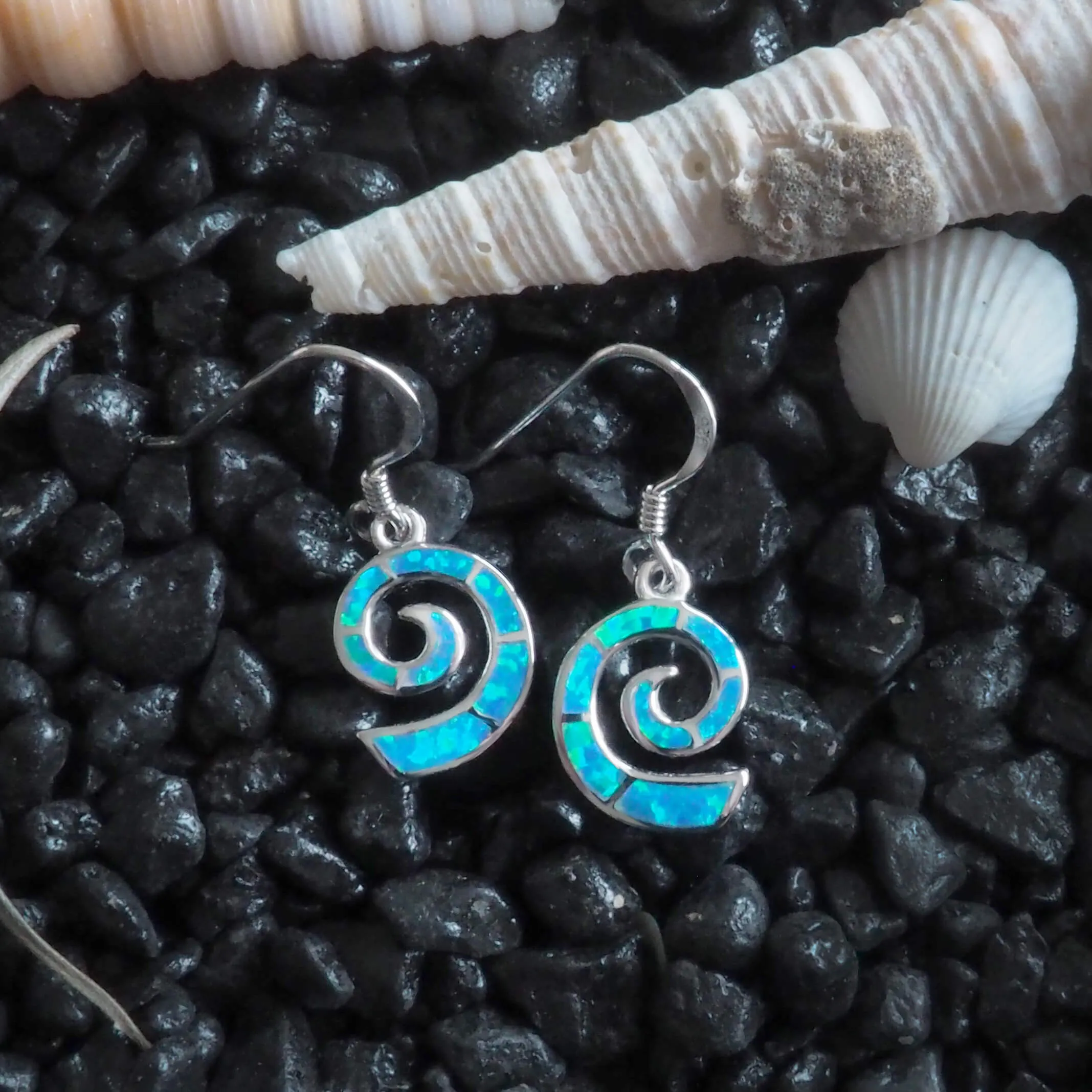 Sterling Silver Synthetic Blue Opal Spiral Wave Dangle Earrings