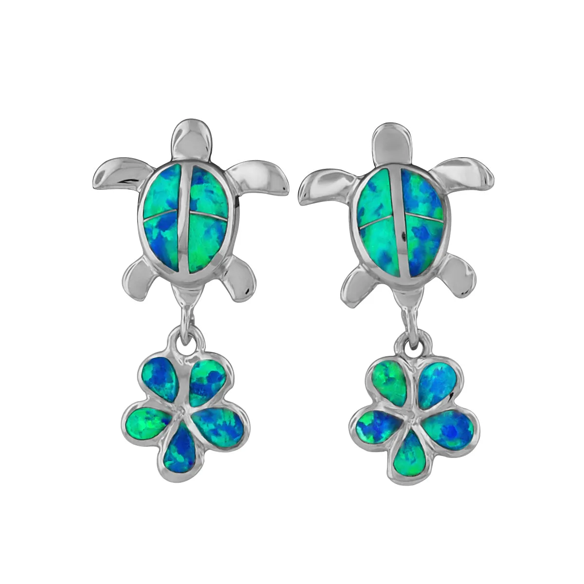 Sterling Silver Synthetic Blue Opal Turtle and Plumeria Dangle Earrings