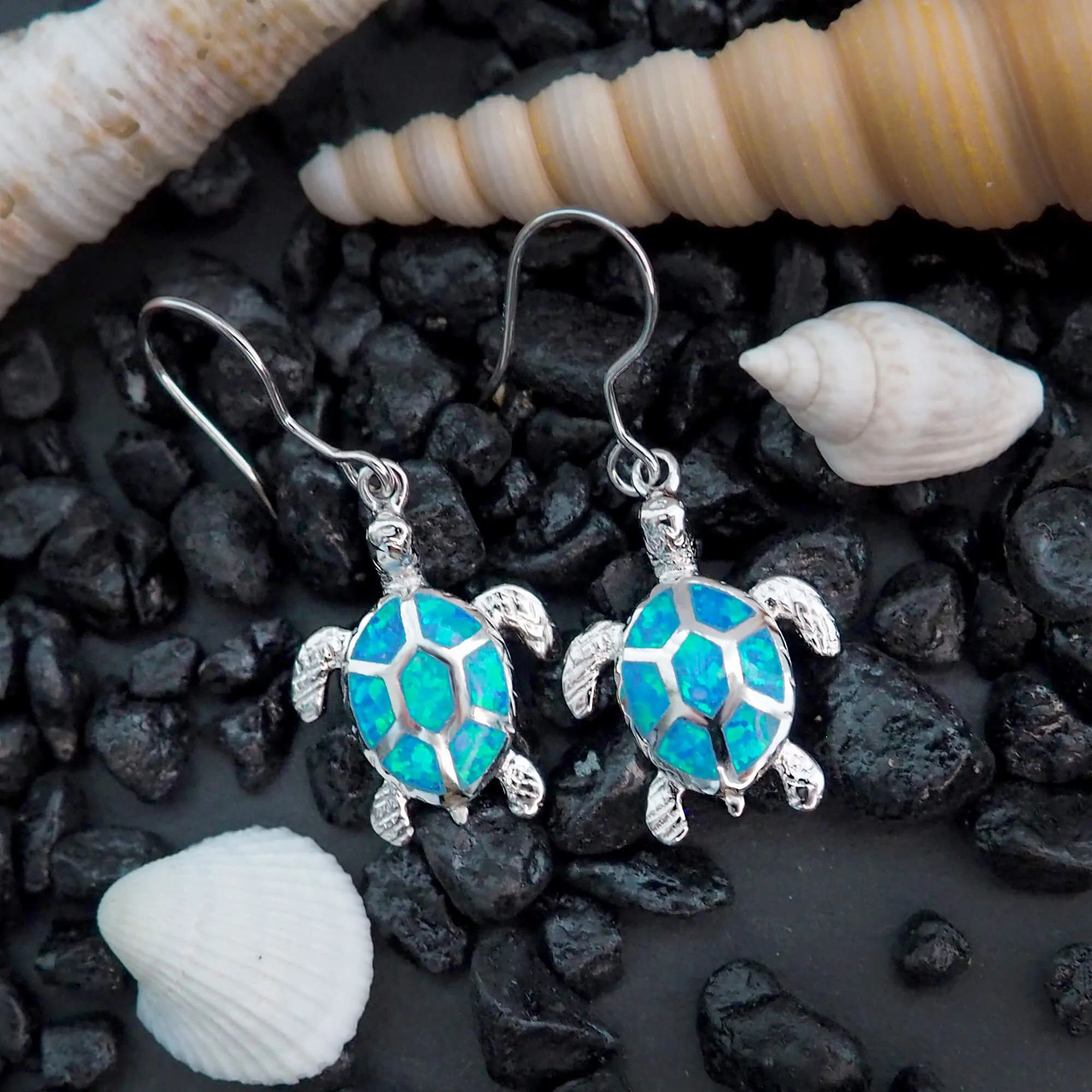 Sterling Silver Synthetic Blue Opal Turtle Dangle Earrings