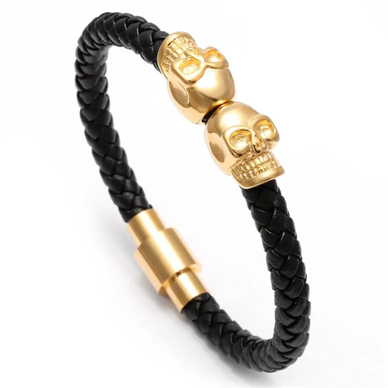 Telepathic Skulls Black Leather Bangle Bracelet