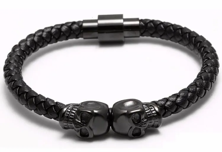 Telepathic Skulls Black Leather Bangle Bracelet