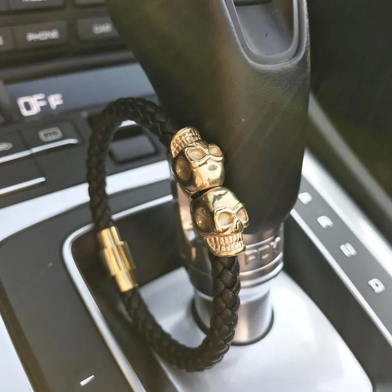 Telepathic Skulls Black Leather Bangle Bracelet