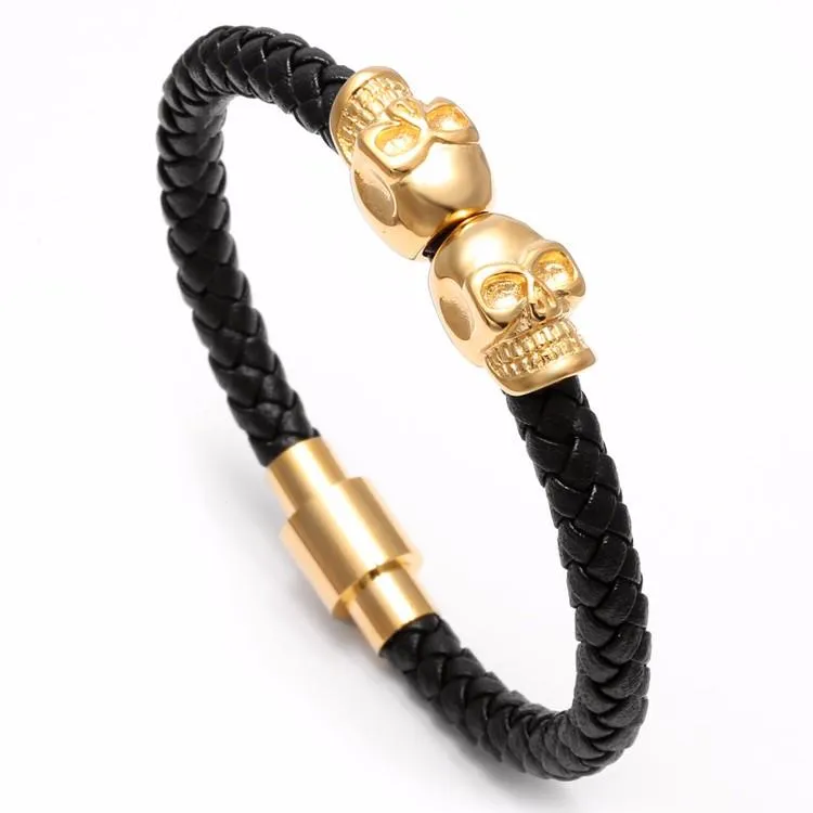 Telepathic Skulls Black Leather Bangle Bracelet