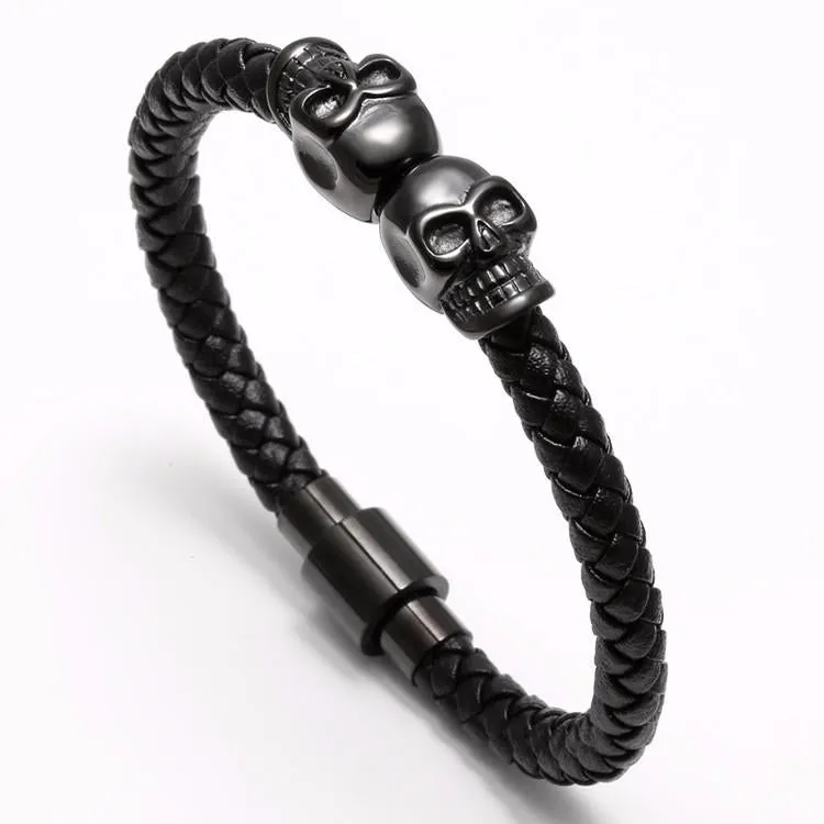 Telepathic Skulls Black Leather Bangle Bracelet