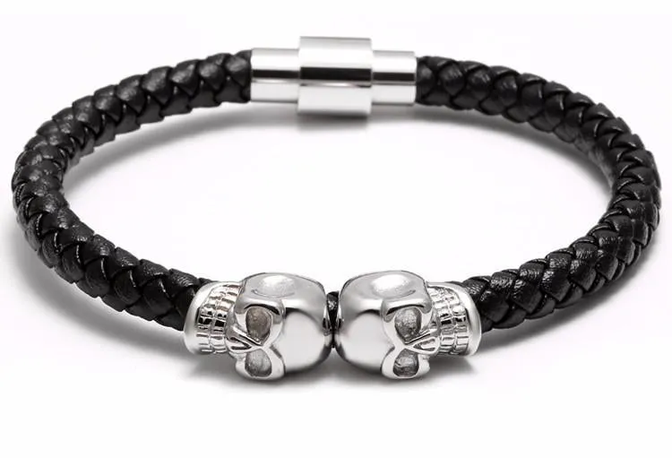 Telepathic Skulls Black Leather Bangle Bracelet