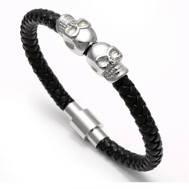 Telepathic Skulls Black Leather Bangle Bracelet