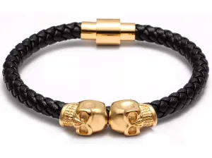 Telepathic Skulls Black Leather Bangle Bracelet