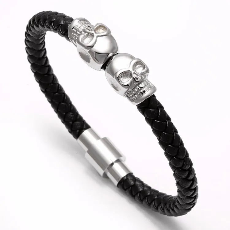 Telepathic Skulls Black Leather Bangle Bracelet