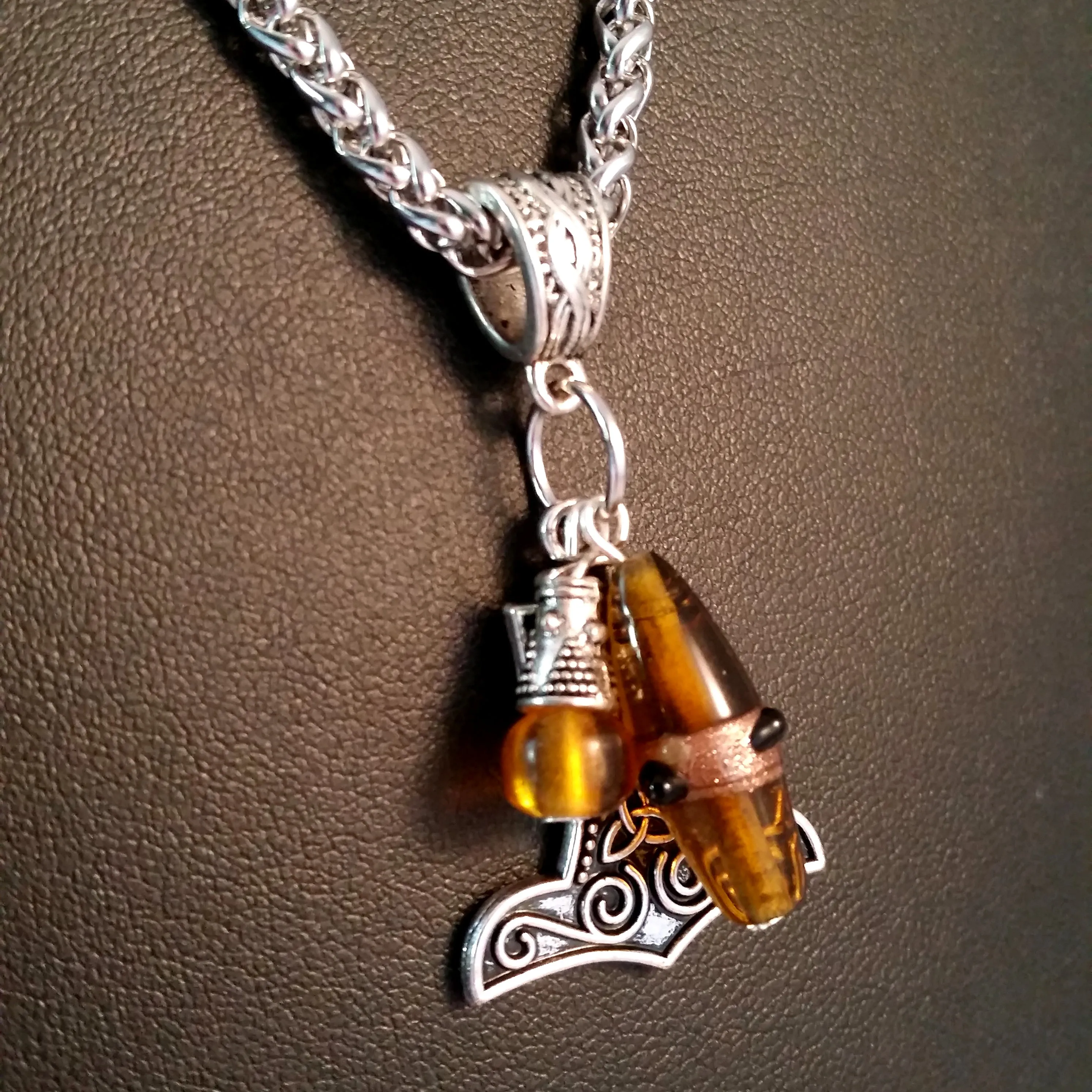 Thor's Hammer Necklace Silver Amber Norse Viking Style