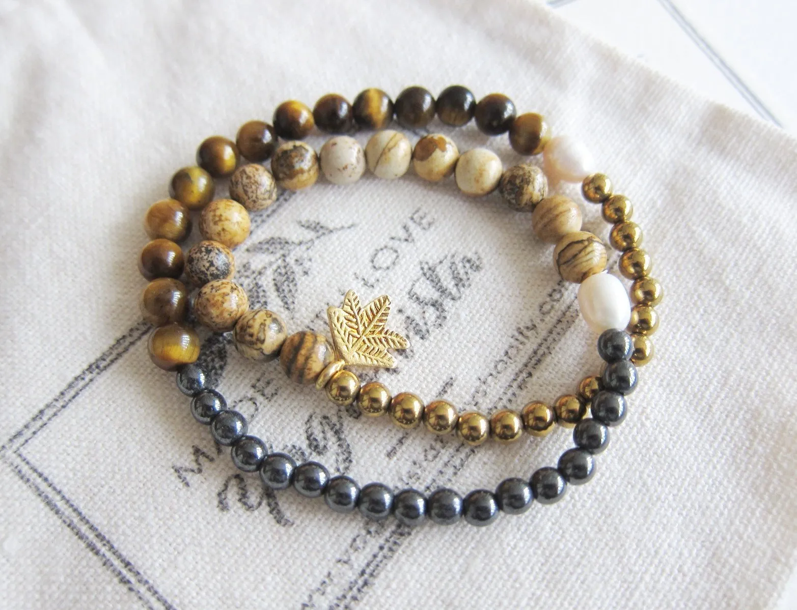 Tiger Eye, Jasper, MOP, Gunmetal Natural Stones Double Strand Bracelet