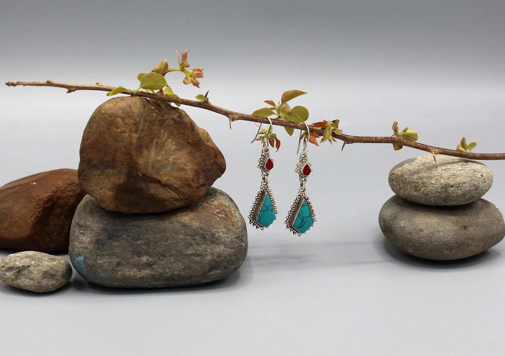 Turquoise and Coral Inlaid Dangle Sterling Silver Earrings