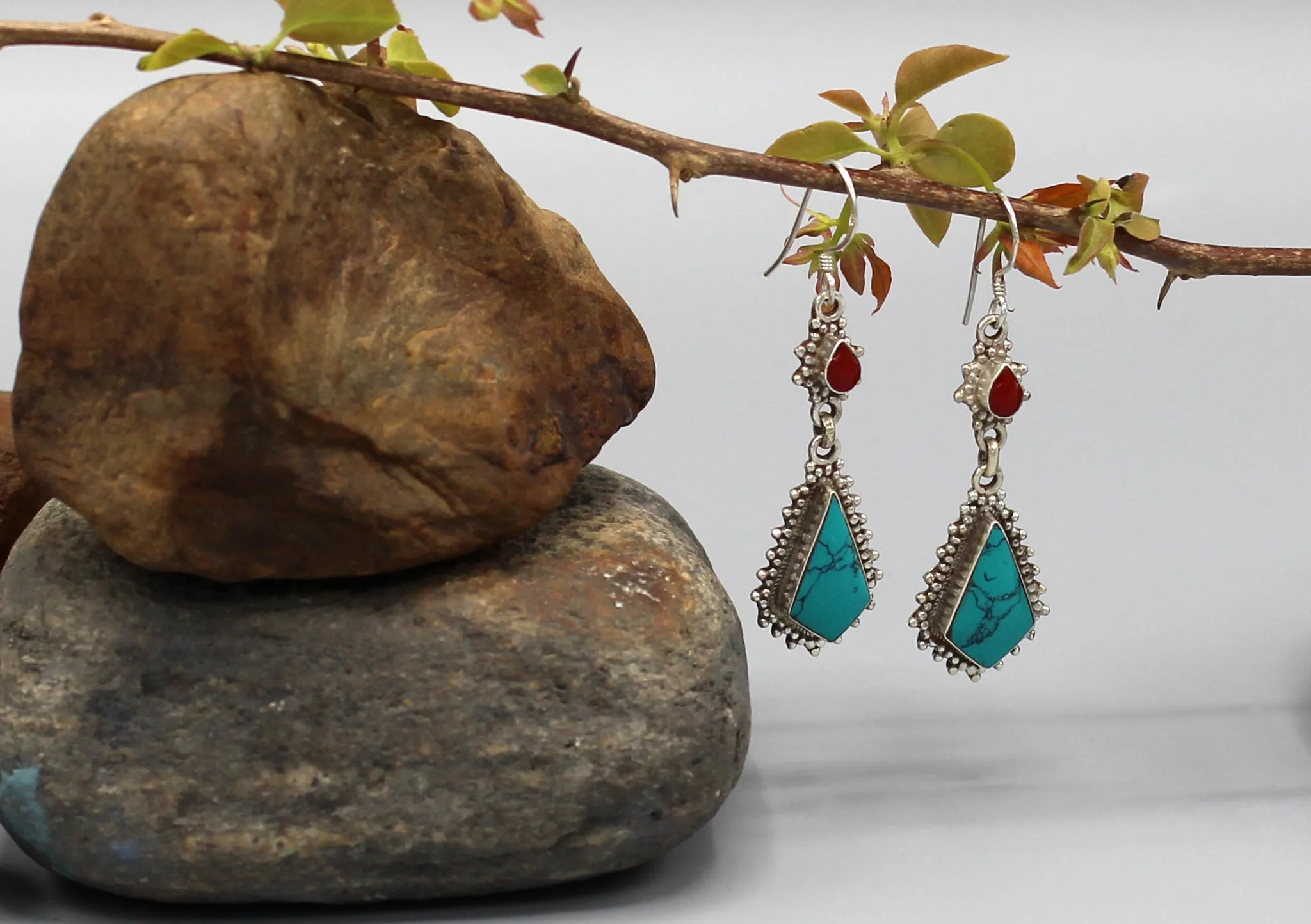 Turquoise and Coral Inlaid Dangle Sterling Silver Earrings