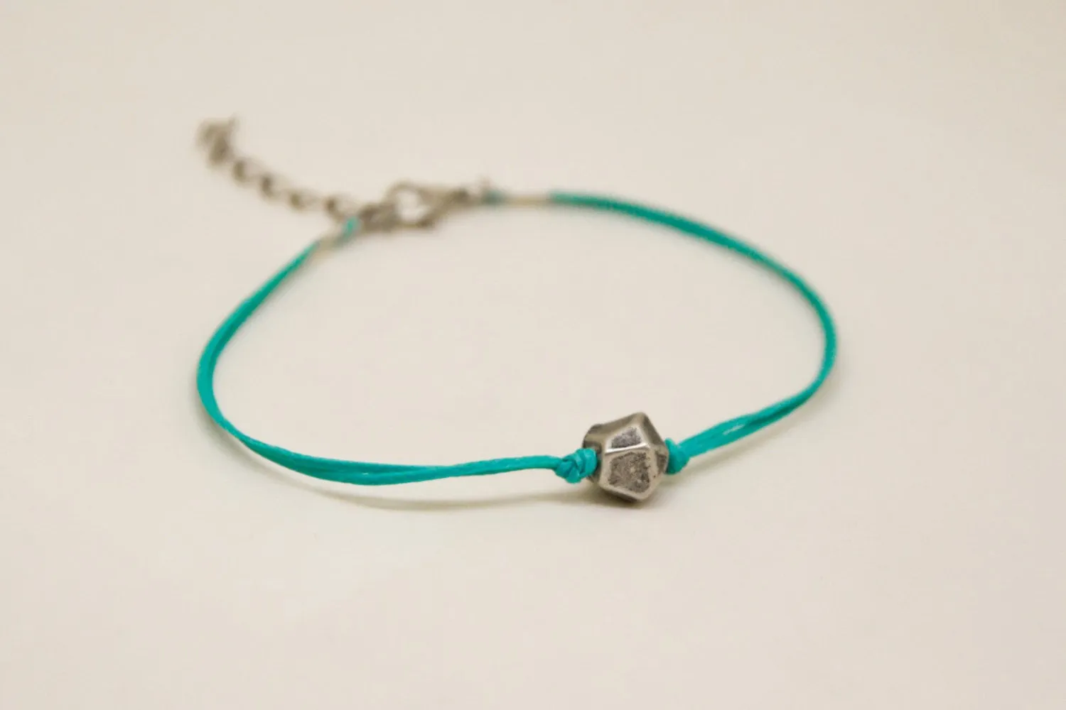 Turquoise cord bracelet with silver nugget bead charm, gift for her