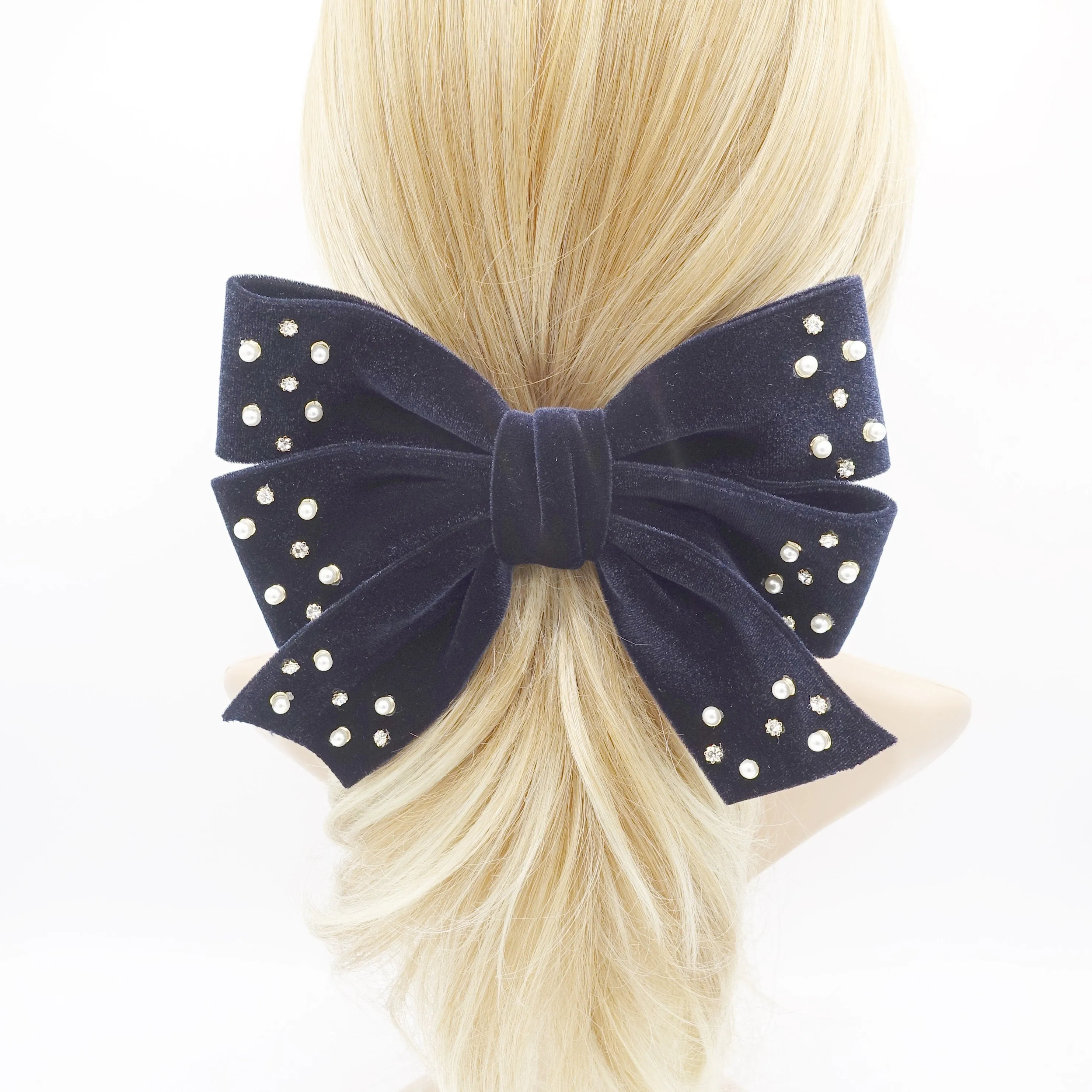 velvet hair bow, triple rhinestone hair bow, pearl velvet bow, luxury hair bows for women