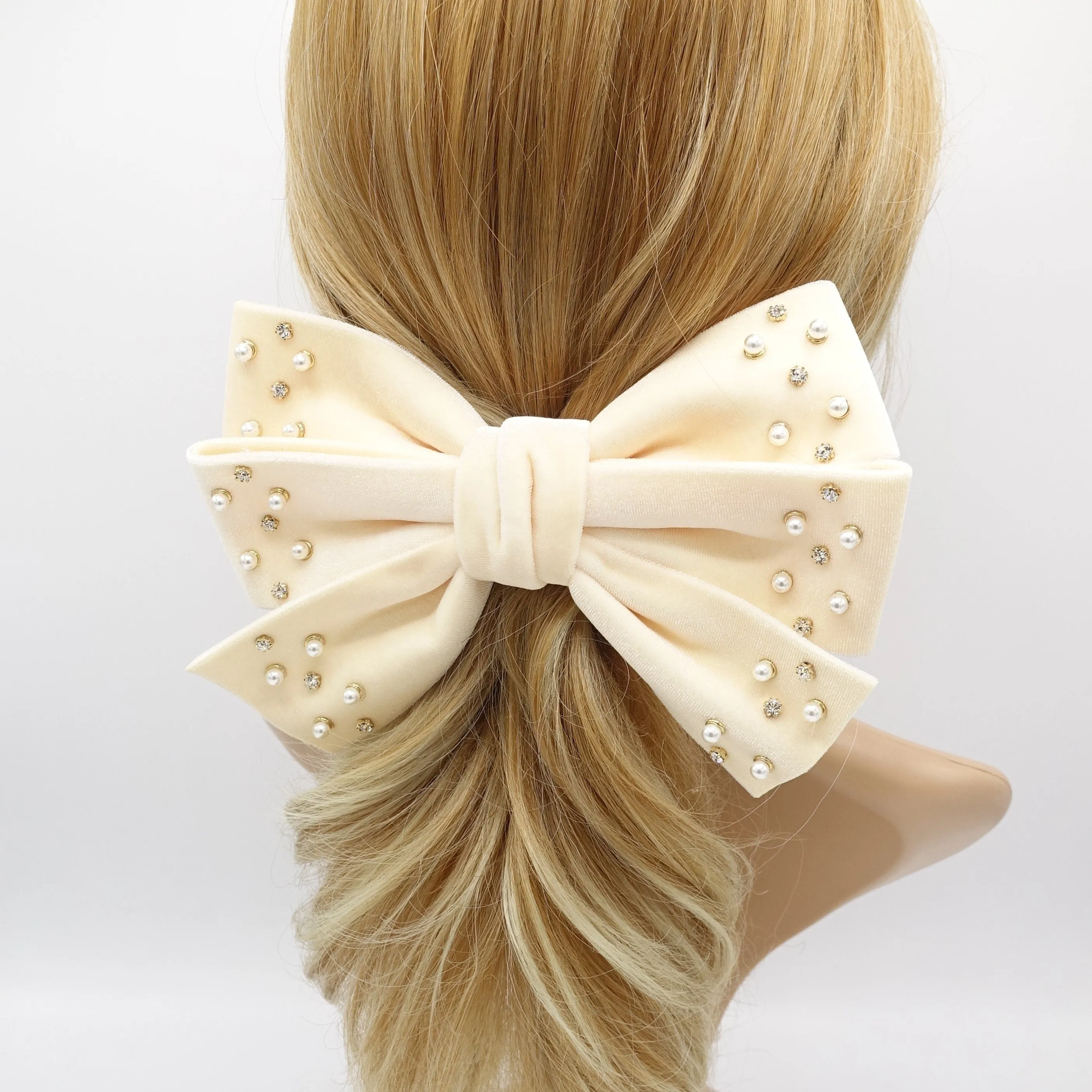 velvet hair bow, triple rhinestone hair bow, pearl velvet bow, luxury hair bows for women