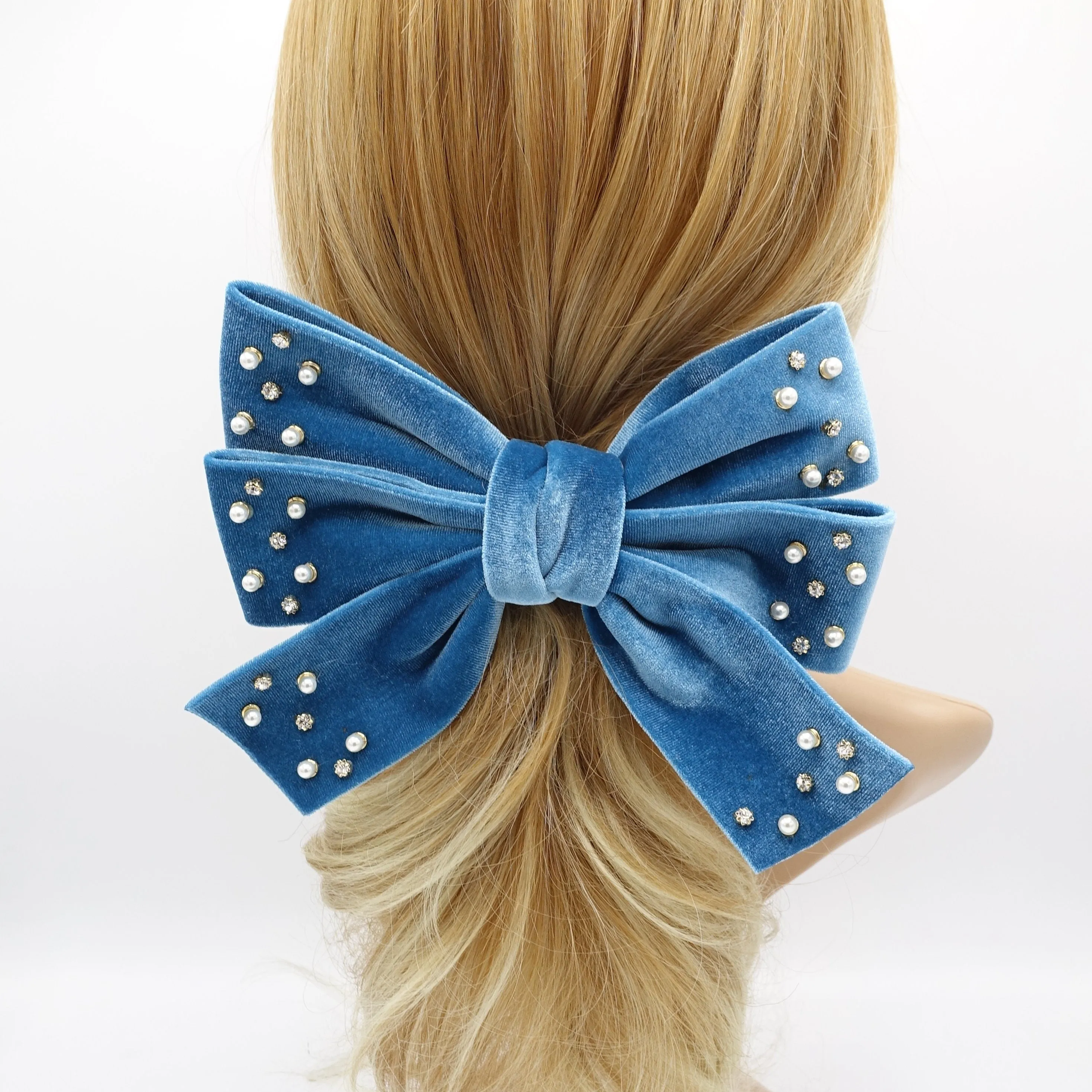 velvet hair bow, triple rhinestone hair bow, pearl velvet bow, luxury hair bows for women