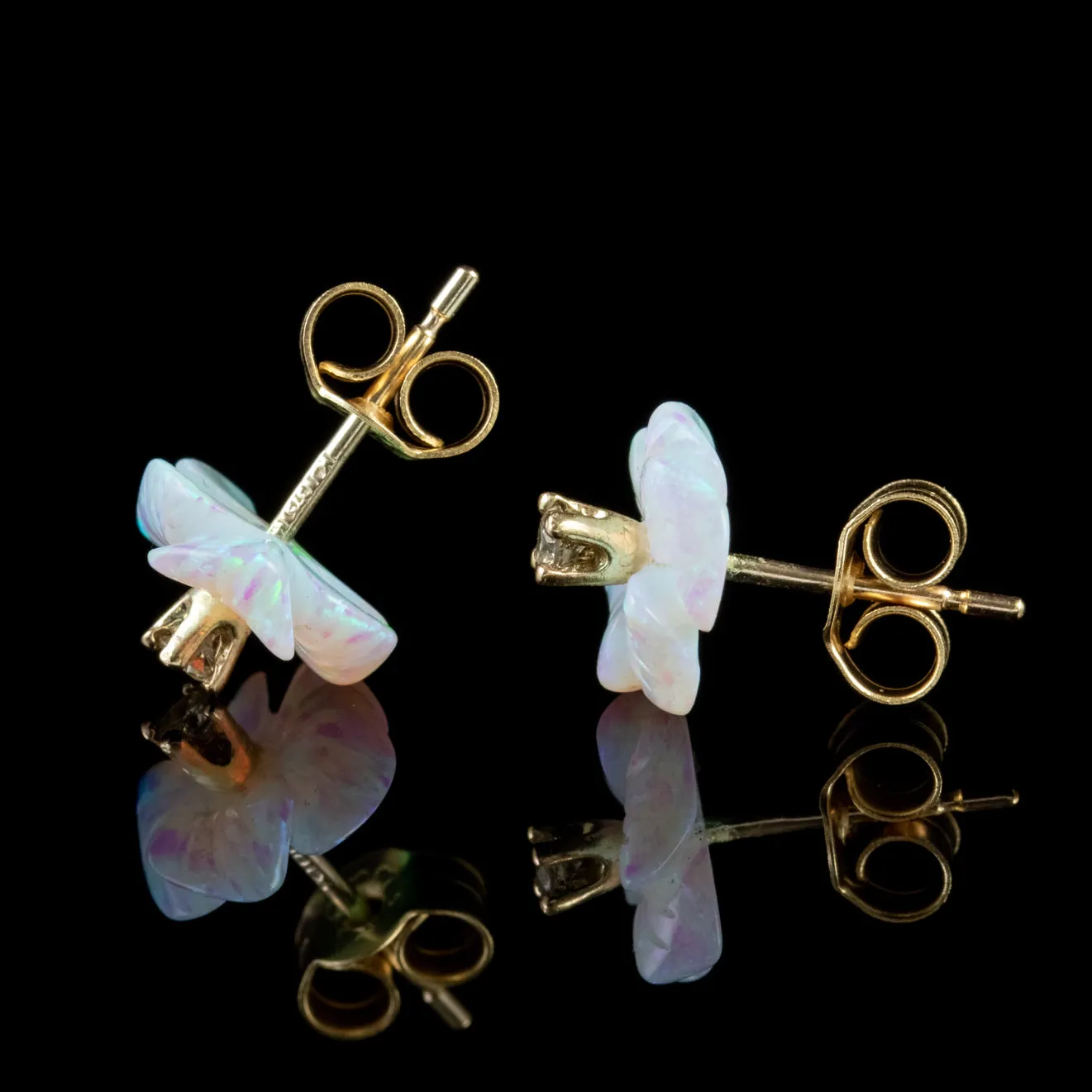 Victorian Style Opal Diamond Flower Stud Earrings 9Ct Yellow Gold