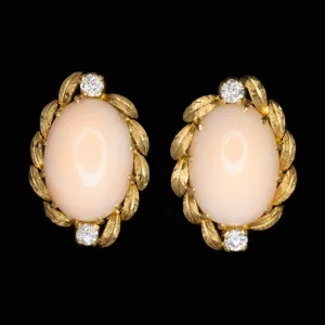 VINTAGE 18k YELLOW GOLD ANGEL SKIN CORAL DIAMOND EARRINGS OVAL STUD HANDMADE