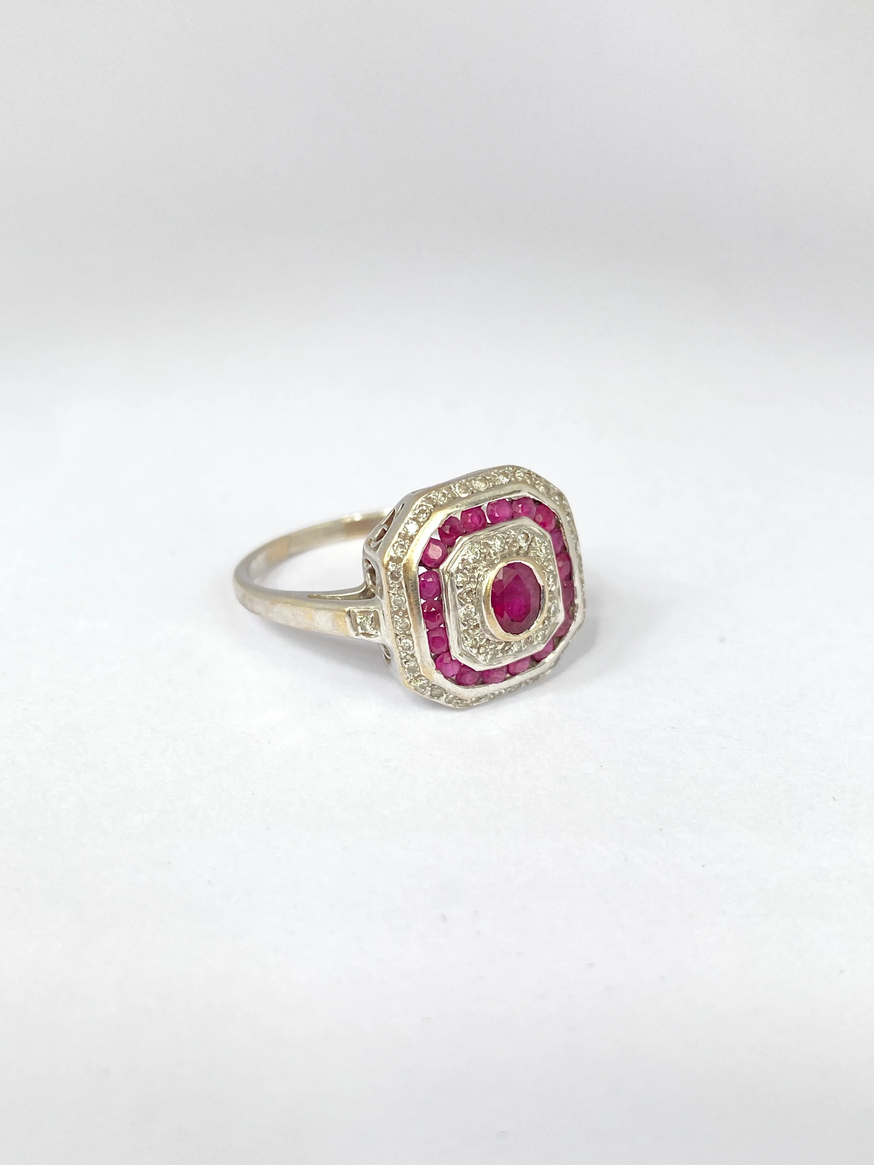 Vintage, Art Deco style, Ruby and Diamond Cluster Ring, Hallmarked 18ct Gold, London, 2003