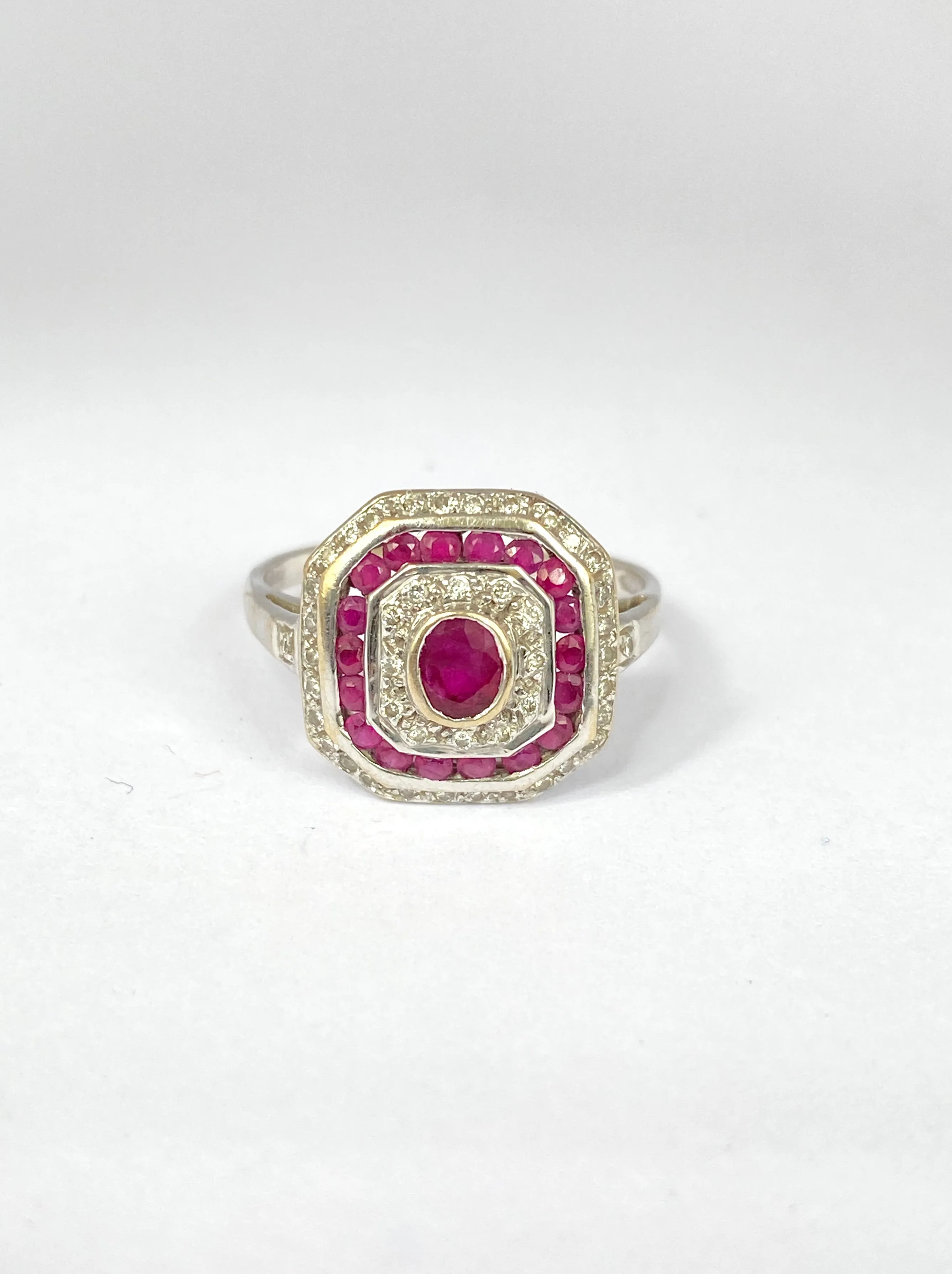 Vintage, Art Deco style, Ruby and Diamond Cluster Ring, Hallmarked 18ct Gold, London, 2003