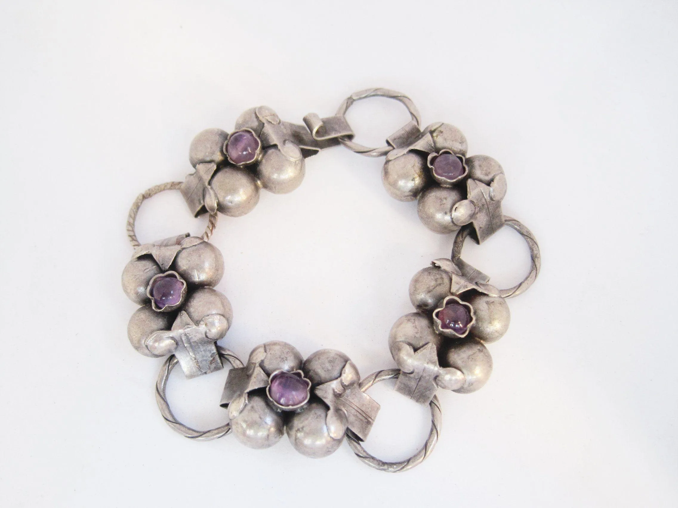 Vintage Early Mexican Silver Flower Link Bracelet with Amethyst