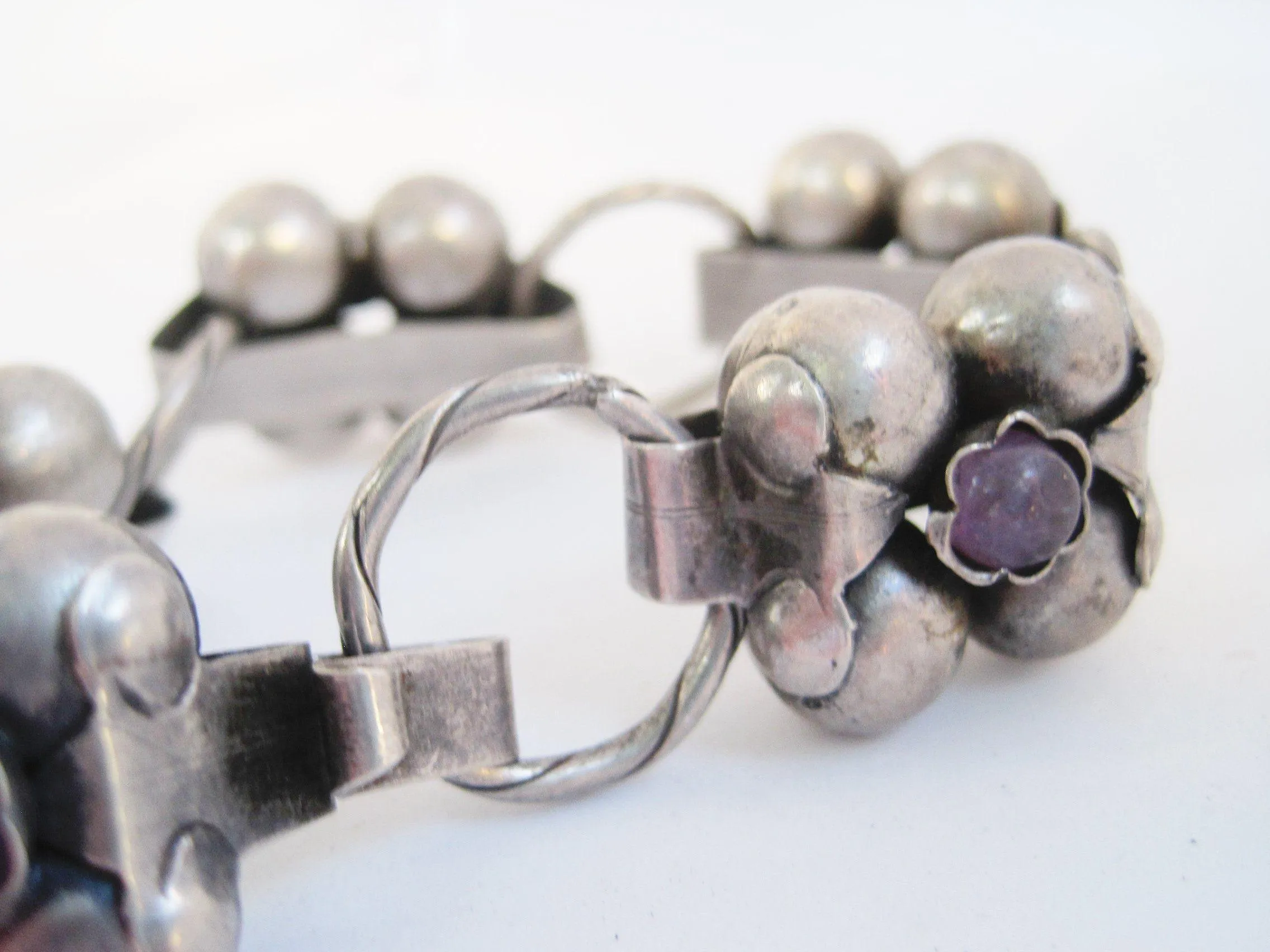 Vintage Early Mexican Silver Flower Link Bracelet with Amethyst