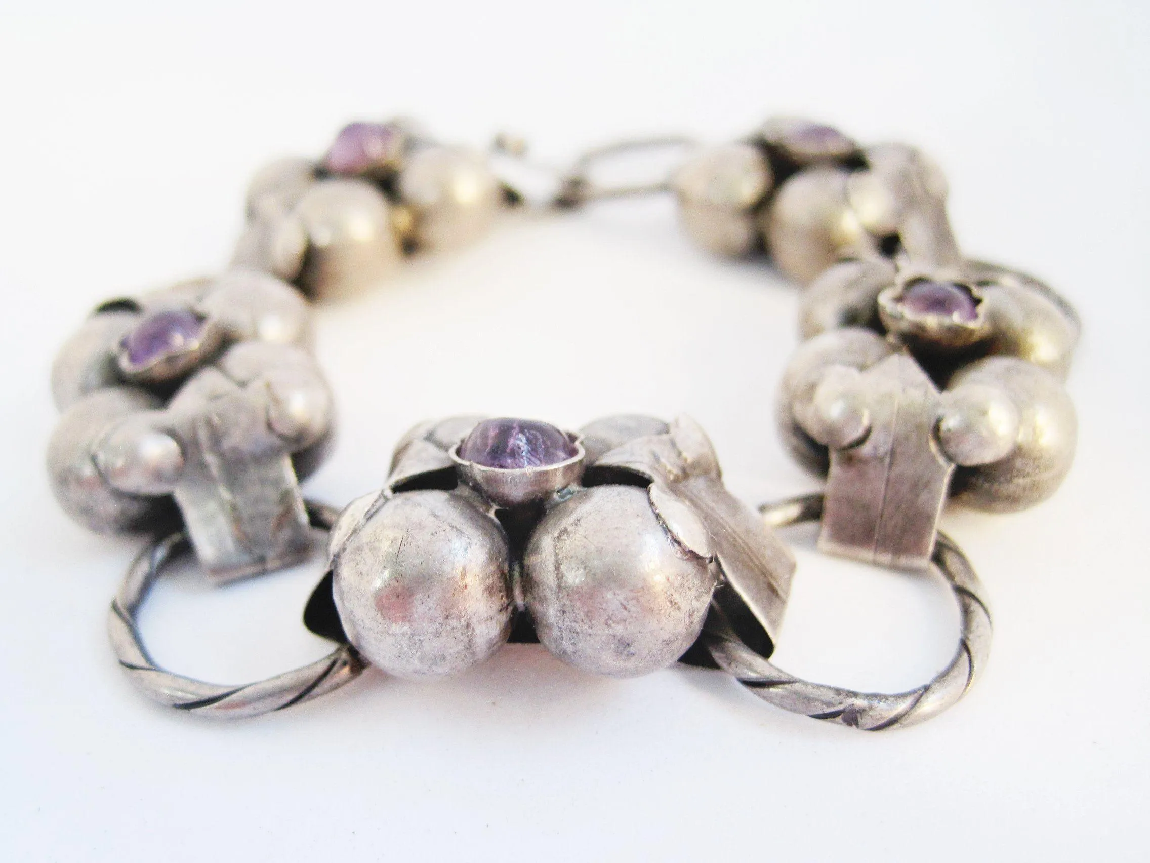 Vintage Early Mexican Silver Flower Link Bracelet with Amethyst