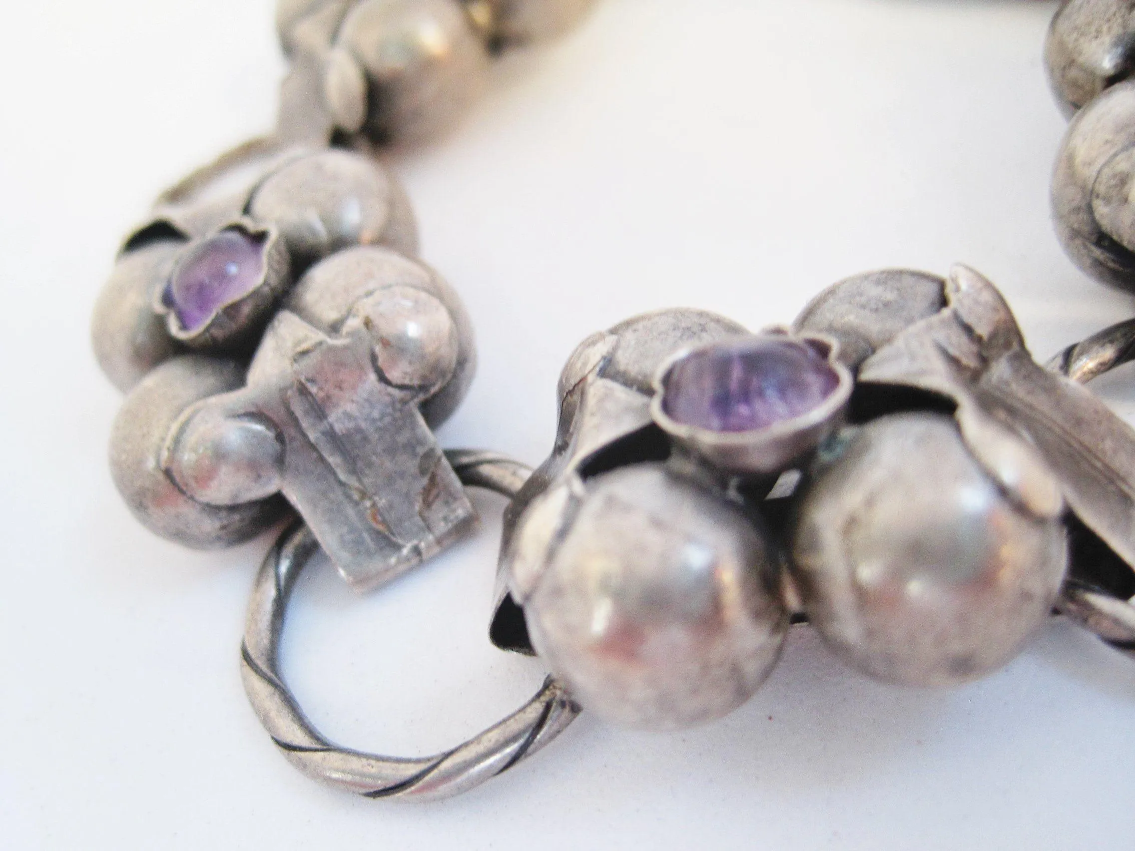 Vintage Early Mexican Silver Flower Link Bracelet with Amethyst