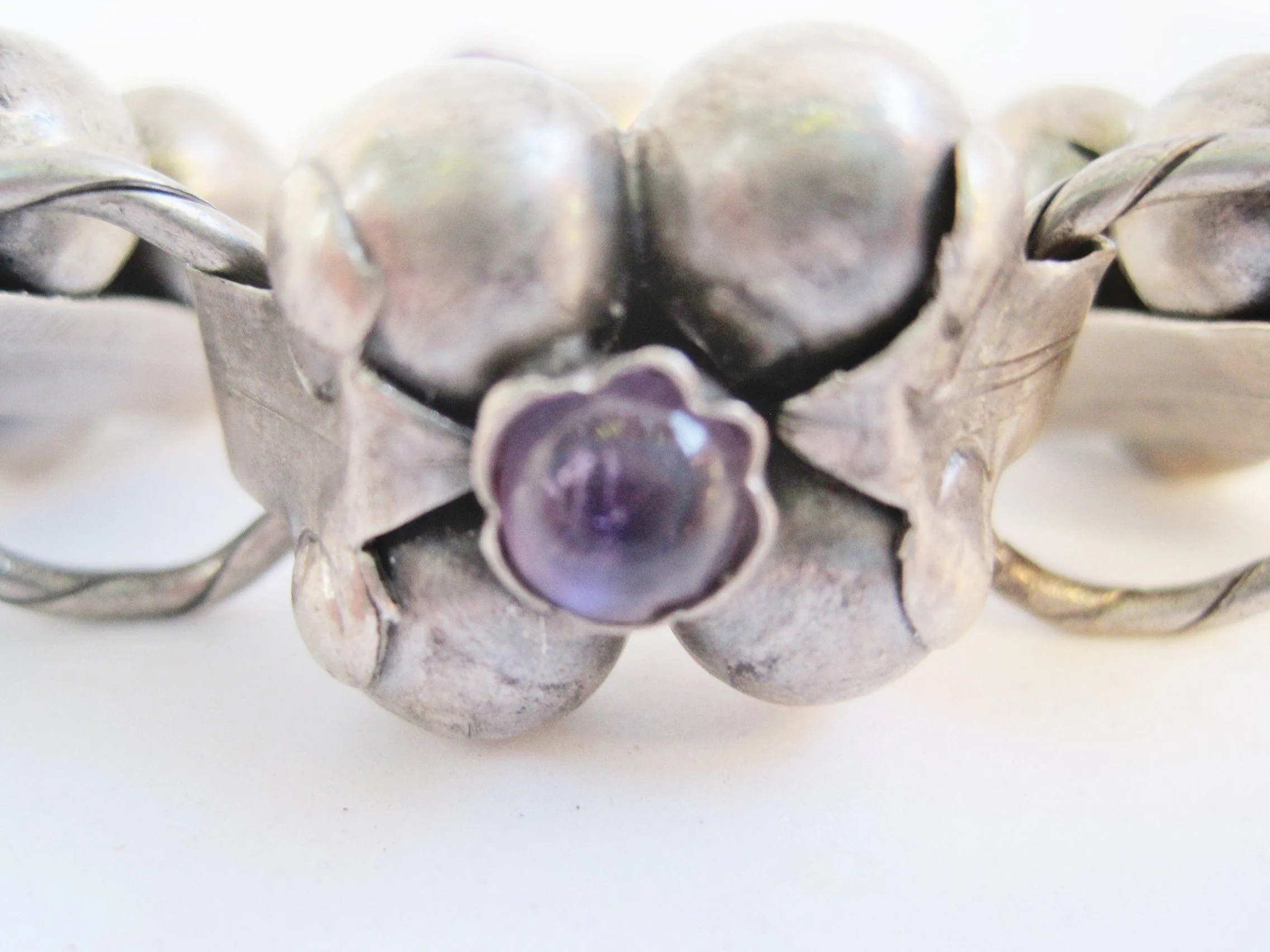 Vintage Early Mexican Silver Flower Link Bracelet with Amethyst