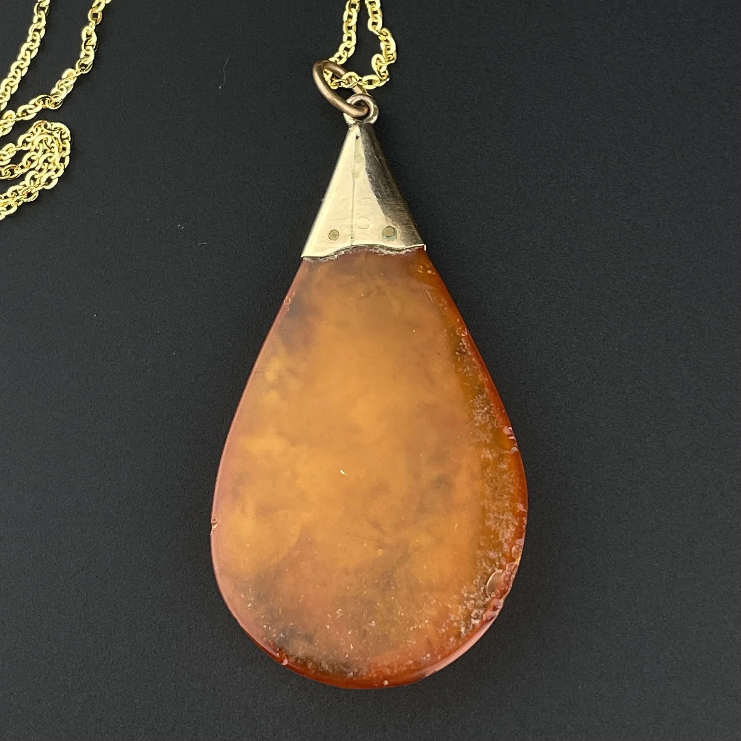 Vintage Edwardian Gold Natural Baltic Amber Teardrop Pendant