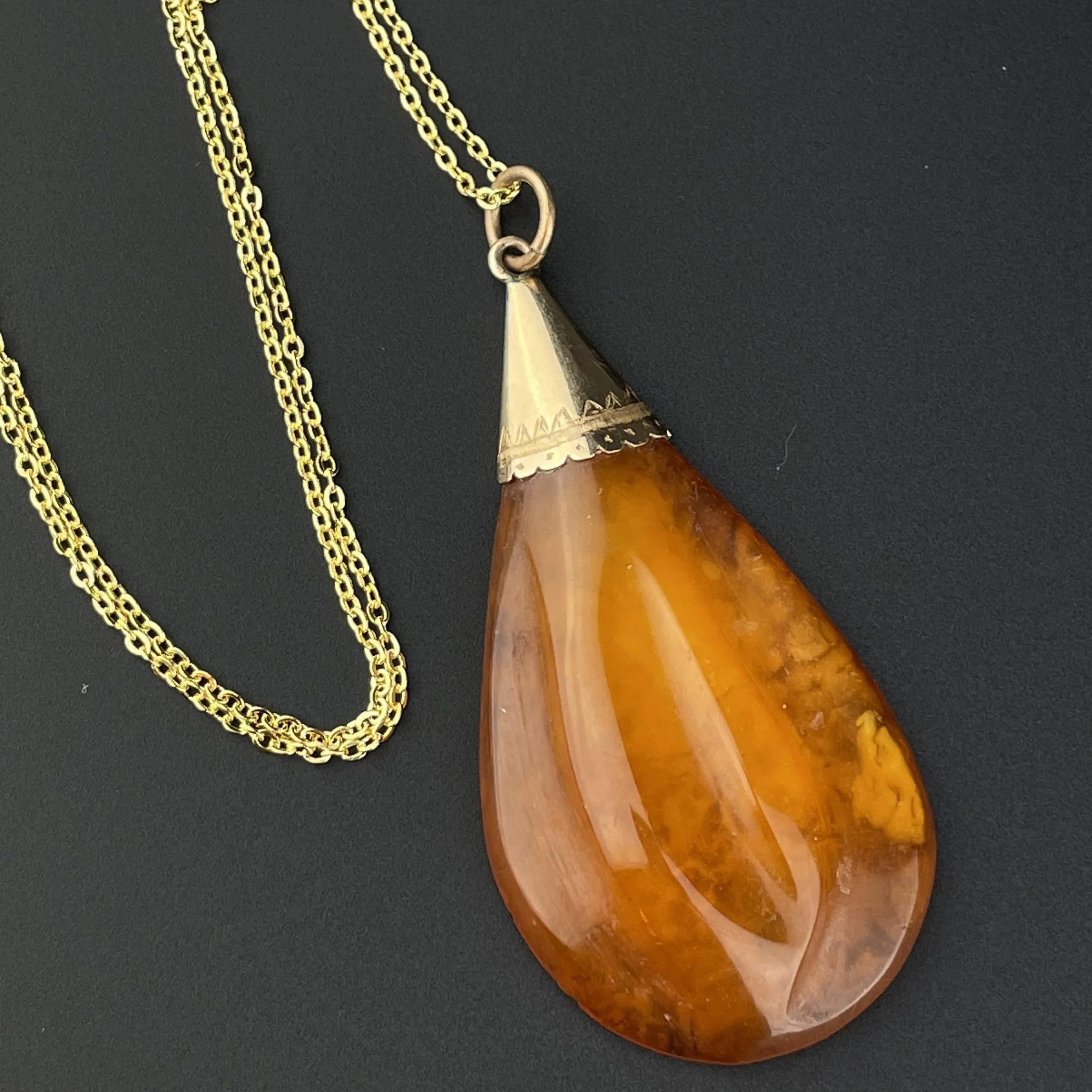 Vintage Edwardian Gold Natural Baltic Amber Teardrop Pendant