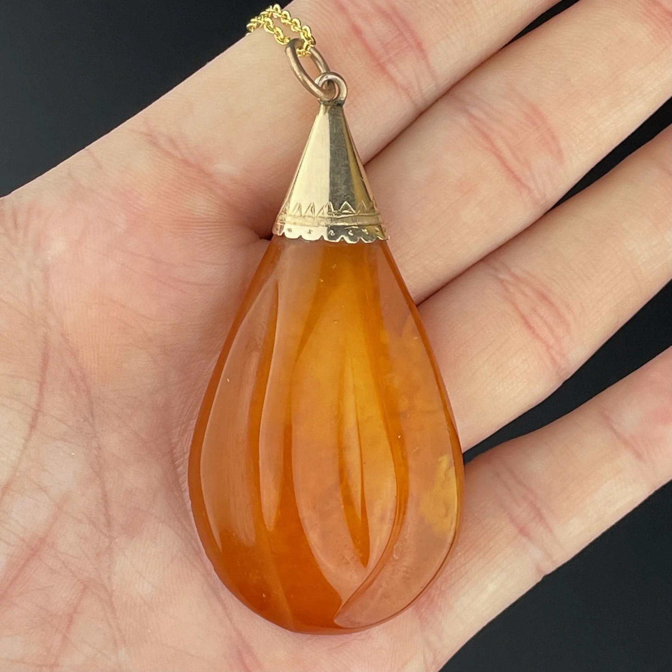 Vintage Edwardian Gold Natural Baltic Amber Teardrop Pendant